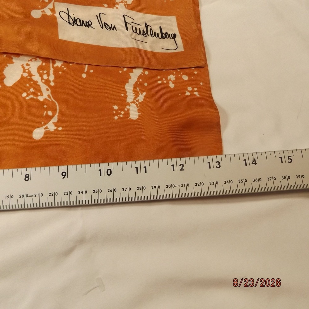 Vintage Diane Von Furstenburg Silk Scarf Orange Cream Paint Splatter Rectangle - Picture 3 of 4